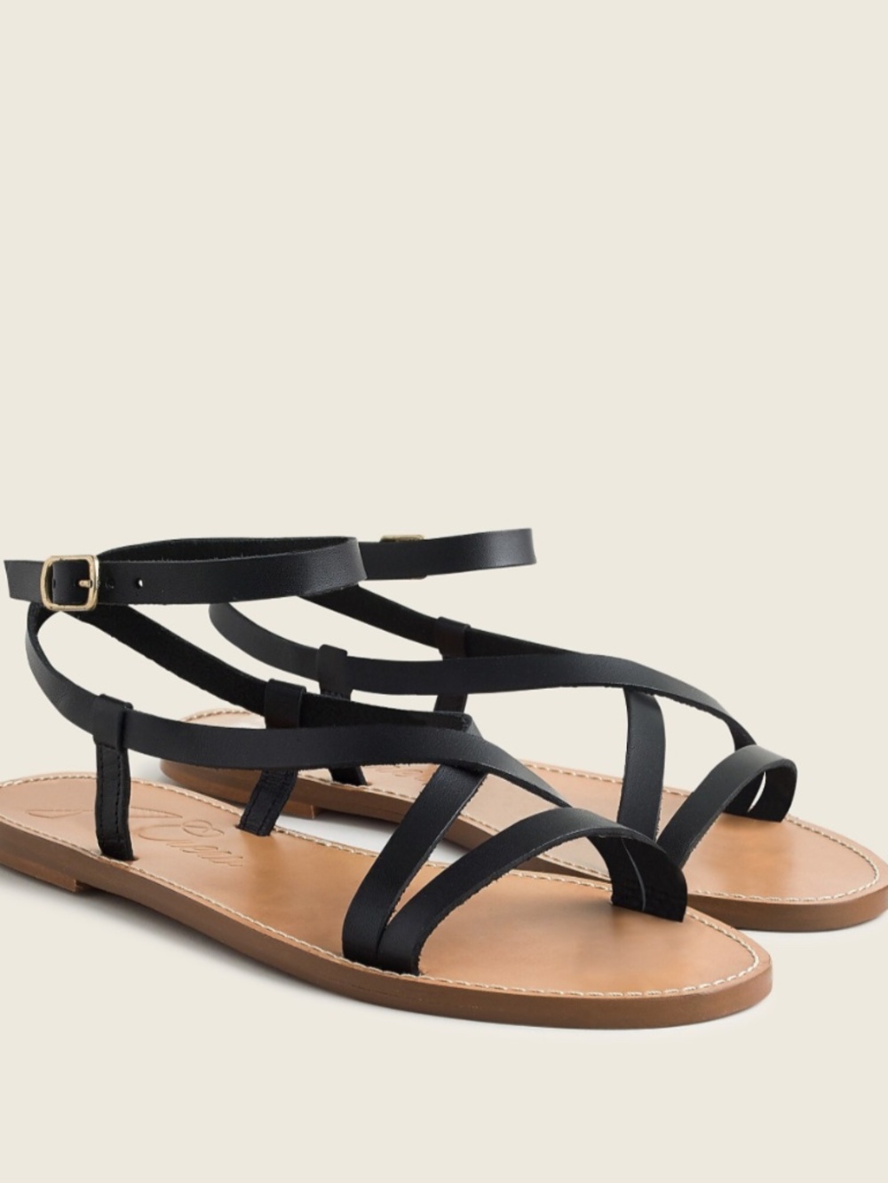 J. Crew Flat Strappy Sandals in Black Leather, size 7